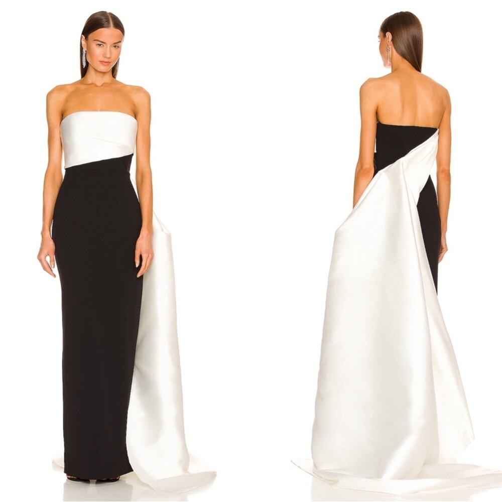 SOLACE LONDON Kinsley Strapless Ruched Draped Maxi Dress in Cream & Black Sz 0